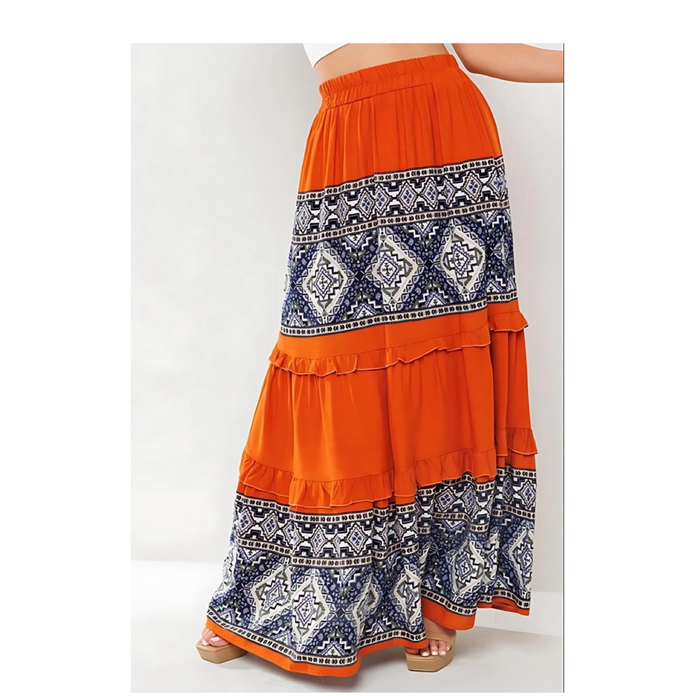 Border Print Brick and Blue Lined Tiered Maxi Skirt with Ruffles - Picture 5 of 5